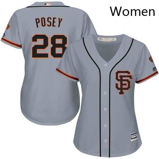 Womens Majestic San Francisco Giants 28 Buster Posey Replica Grey Road 2 Cool Base MLB Jersey